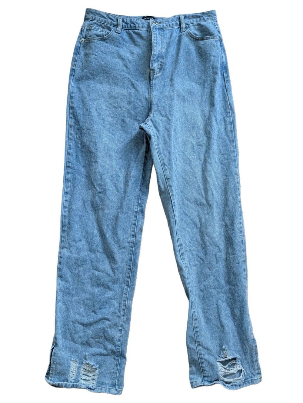 Prettylittlething Women Light Blue Distress Split Hem Straight Leg Jean Size 12 - Picture 1 of 12
